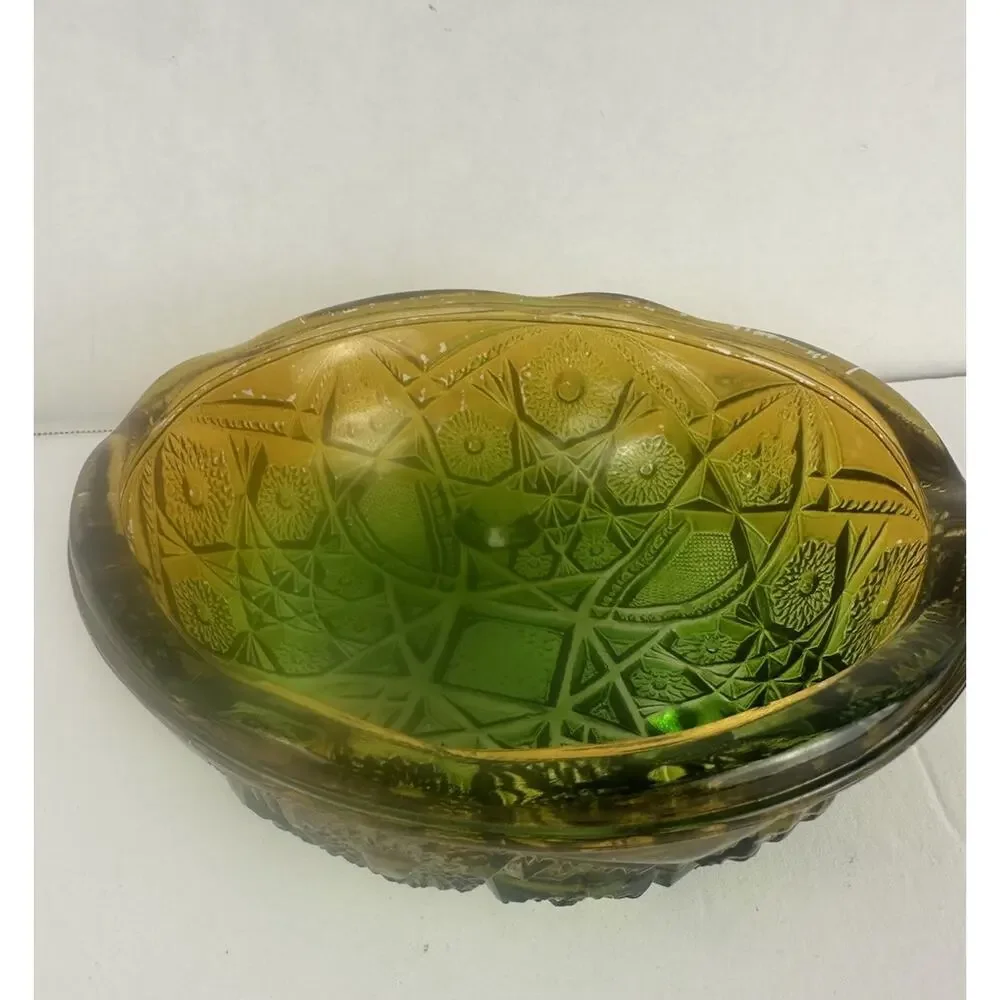 Vintage McKee Carnival Glass Yellow & Green 3 Footed Candy Dish Retro Decor